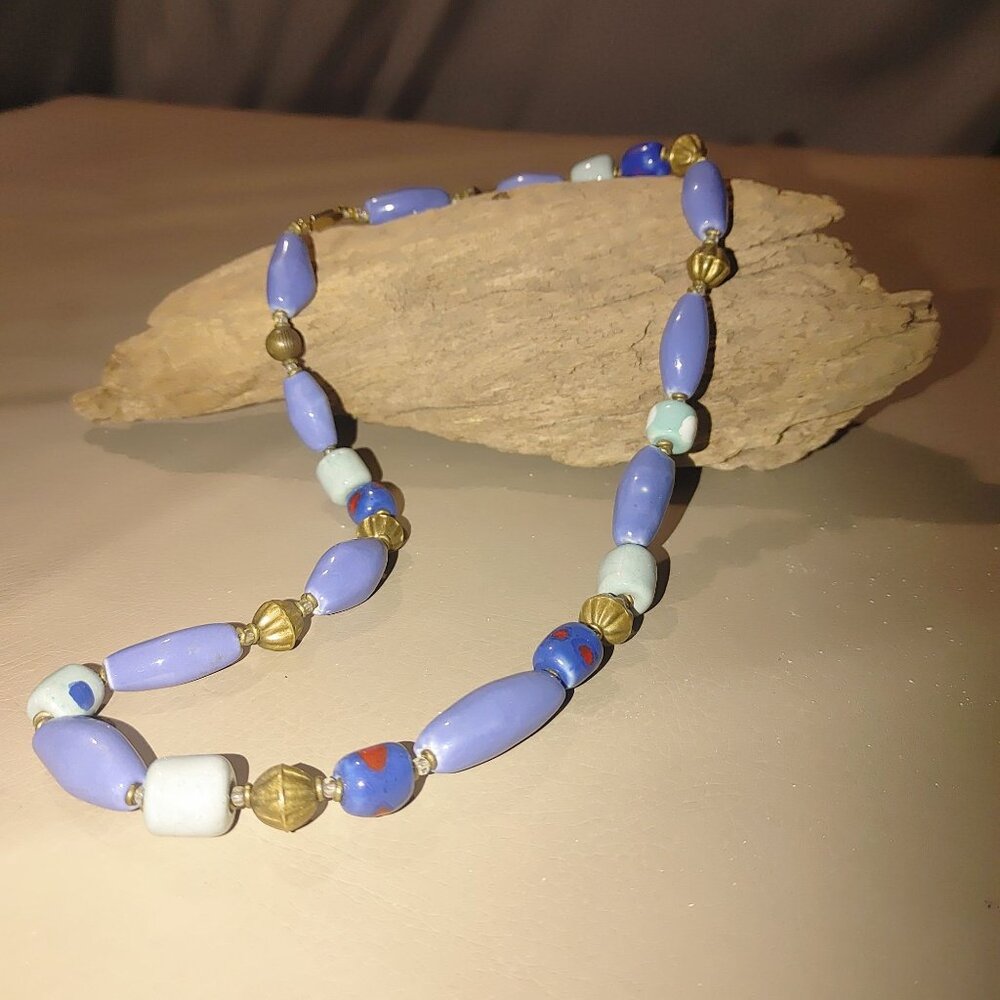 Vintage Artisan Blue Glass Paint Accent Gold Beaded Necklace Interlock Clasp